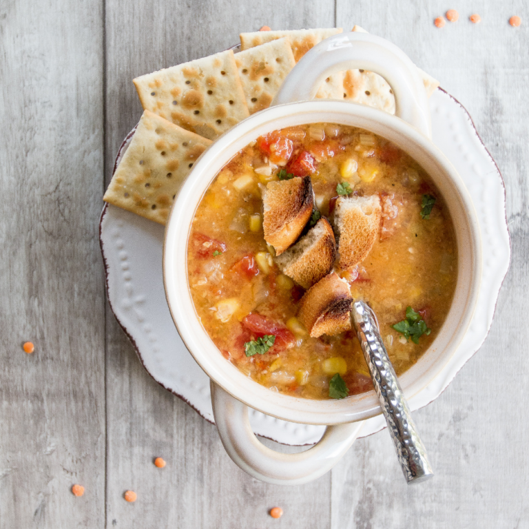 Spicy red lentil soup - hearty, full of veg and totally healthy!
